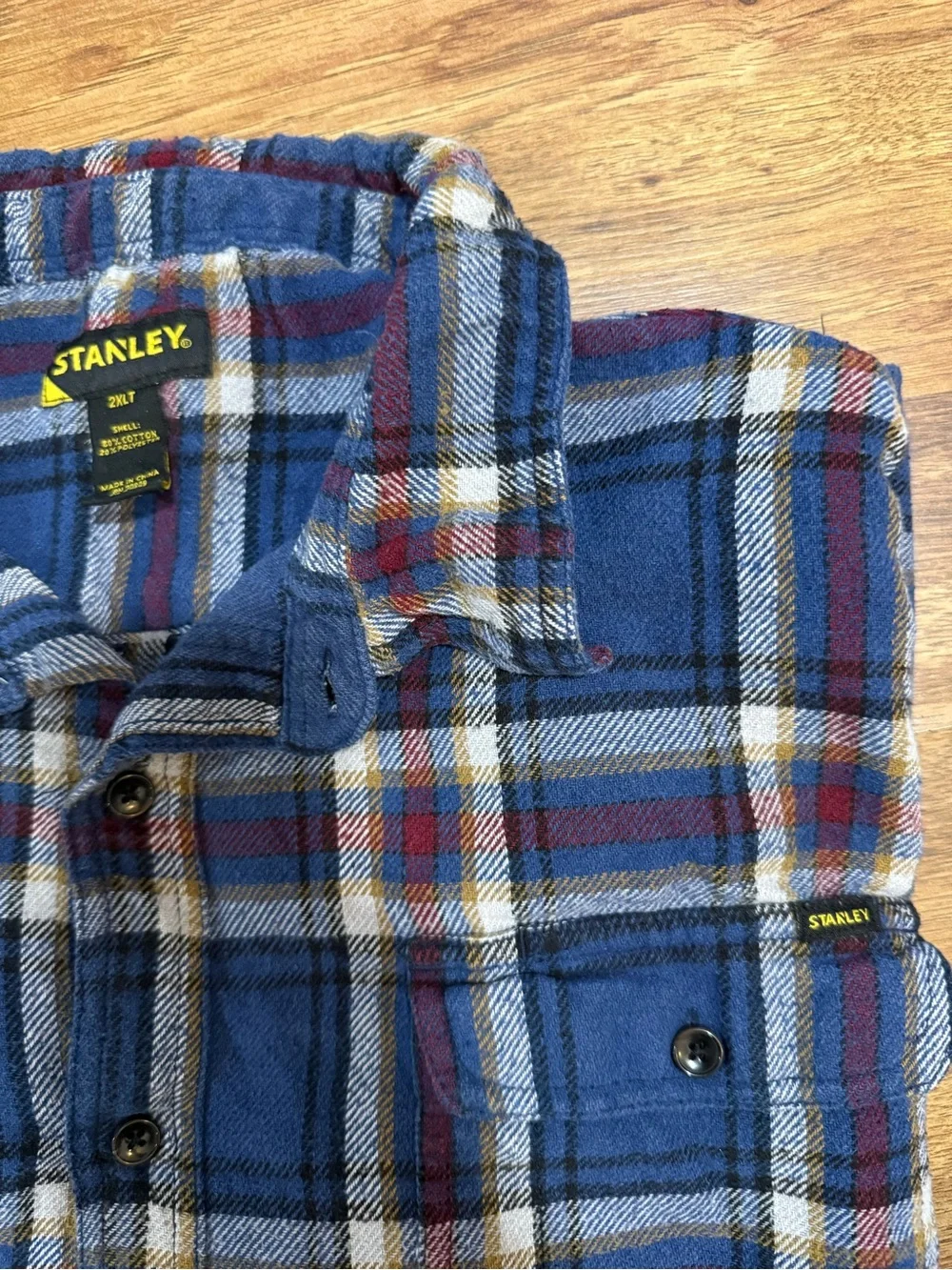 Stanley Blue Plaid Button-Down Shirt with Red and White Accents